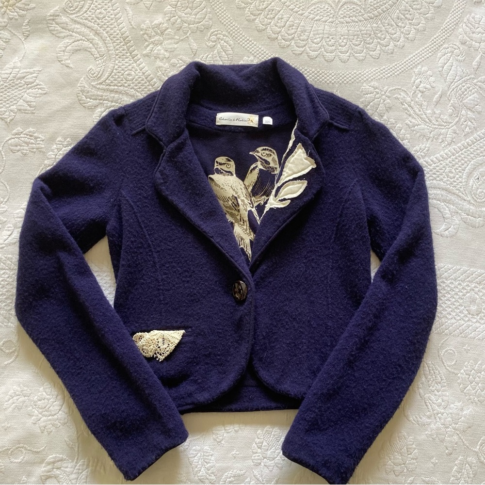Anthropologie Navy Knit Jacket with appliqué